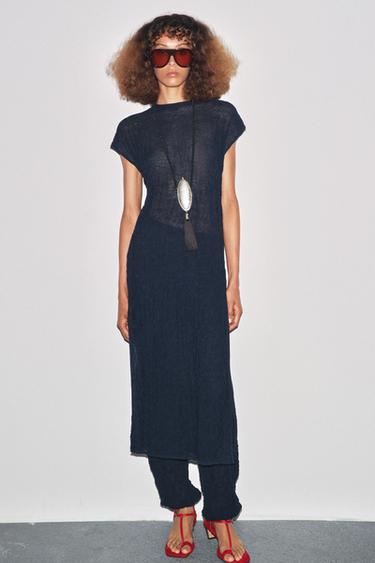Zara WRINKLED EFFECT FINE KNIT MIDI DRESS - Navy blue