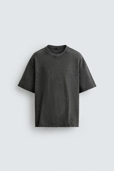 WASHED WAFFLE-KNIT T-SHIRT - Anthracite grey by Zara