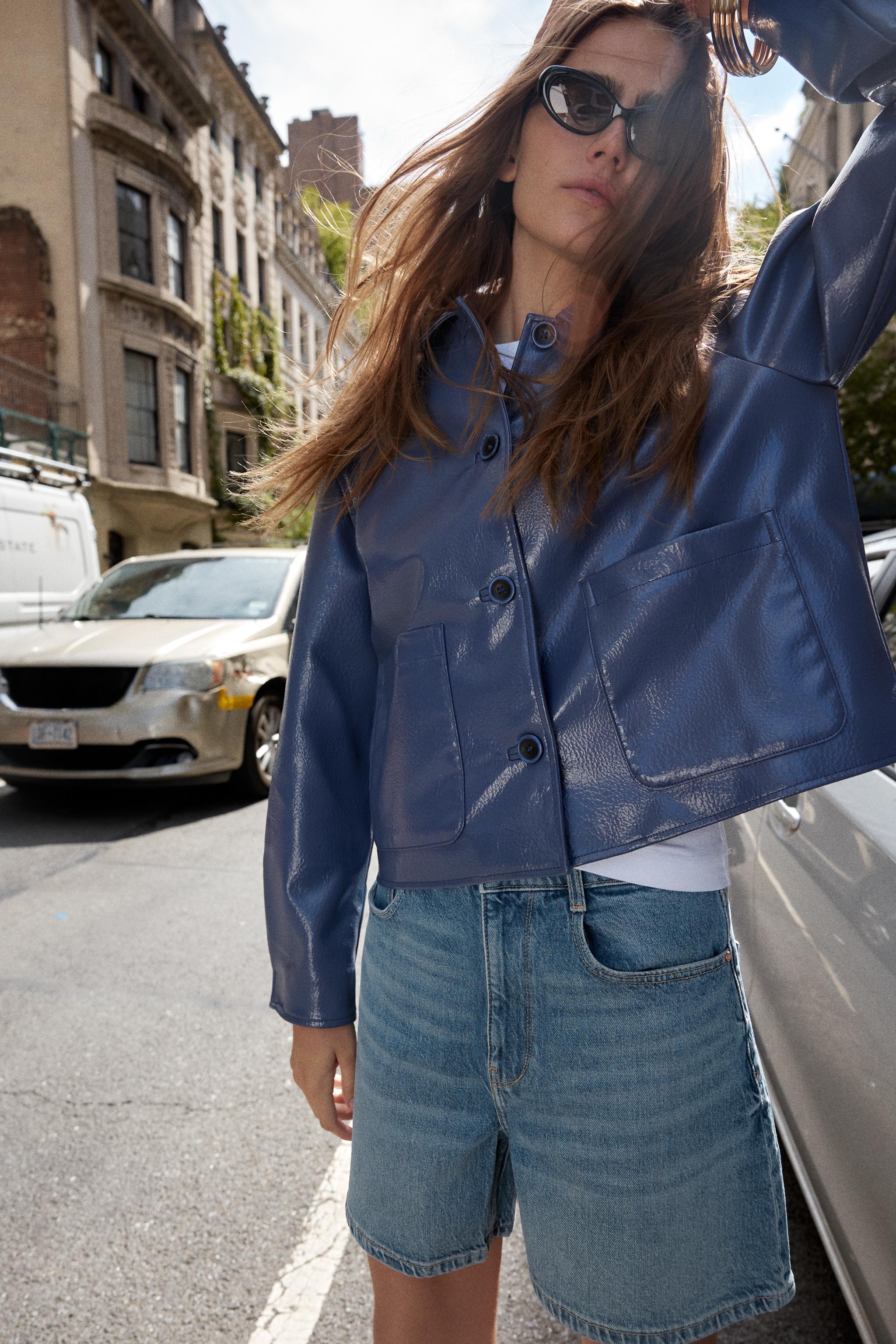 PATENT FAUX LEATHER JACKET - Mid-blue | ZARA New Zealand