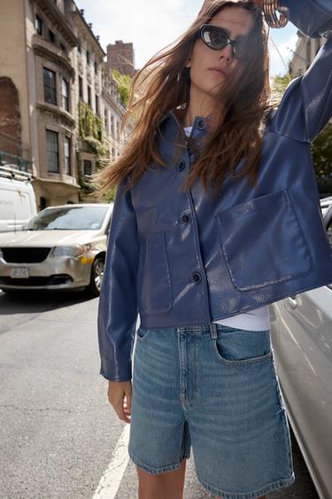 Zara PATENT FAUX LEATHER JACKET - Mid-blue