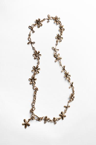 METAL BELT WITH JEWELLED FLOWERS - Aged gold by Zara