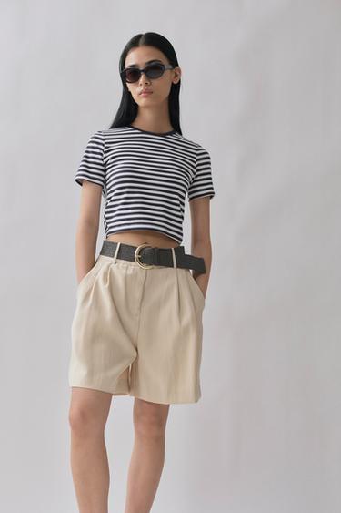 ベルト付きダーツバミューダパンツベージュZaraのベルト付きダーツバミューダパンツ - ベージュ 