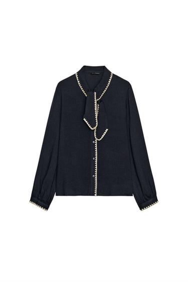 BLOUSE WITH TIE AND CONTRAST TOPSTITCHING