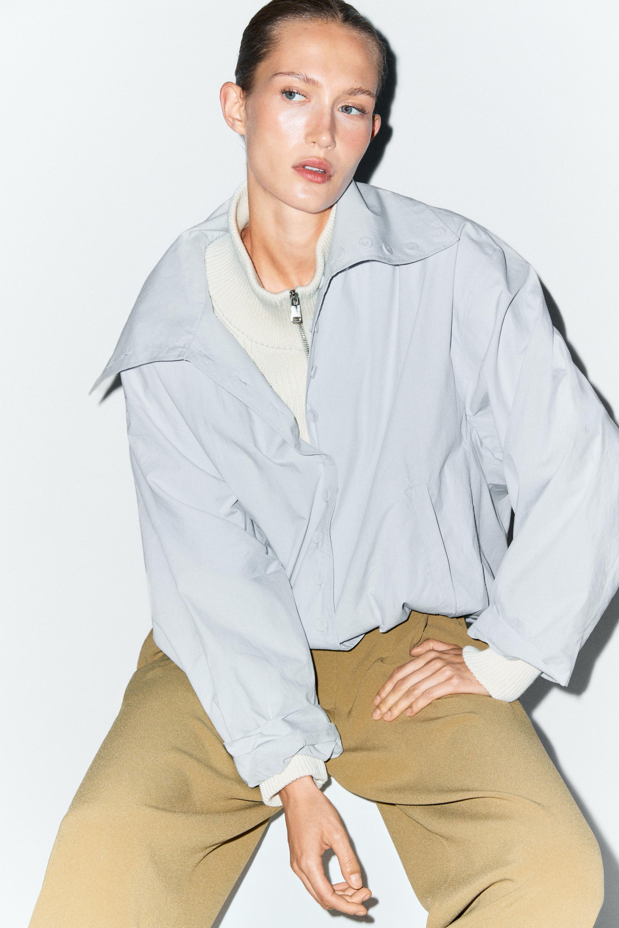 Cropped button-detail bomber jacket — Faded blue