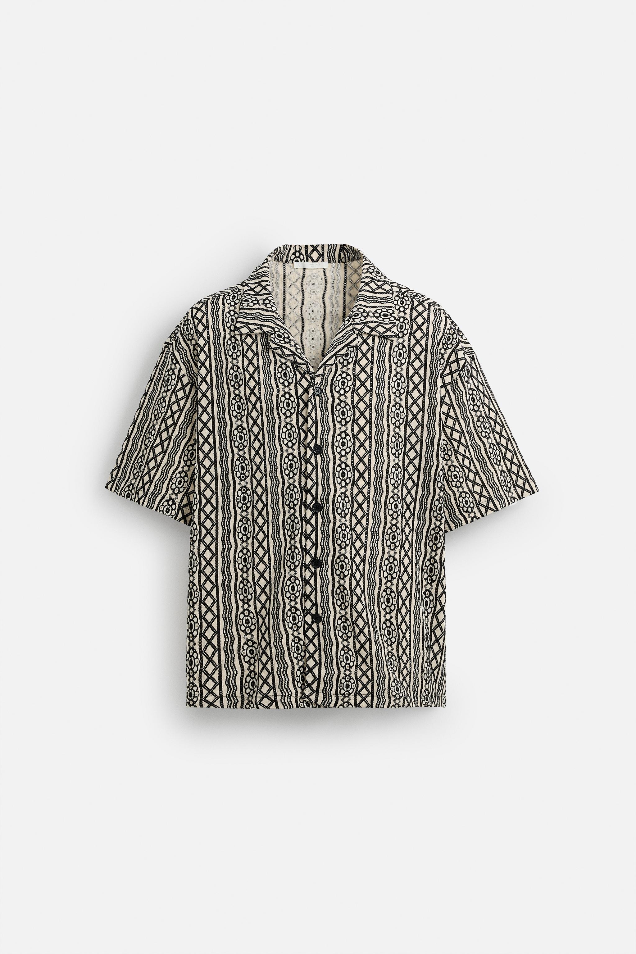 PERFORATED JACQUARD RELAXED FIT SHIRT - Ecru / Black | ZARA
