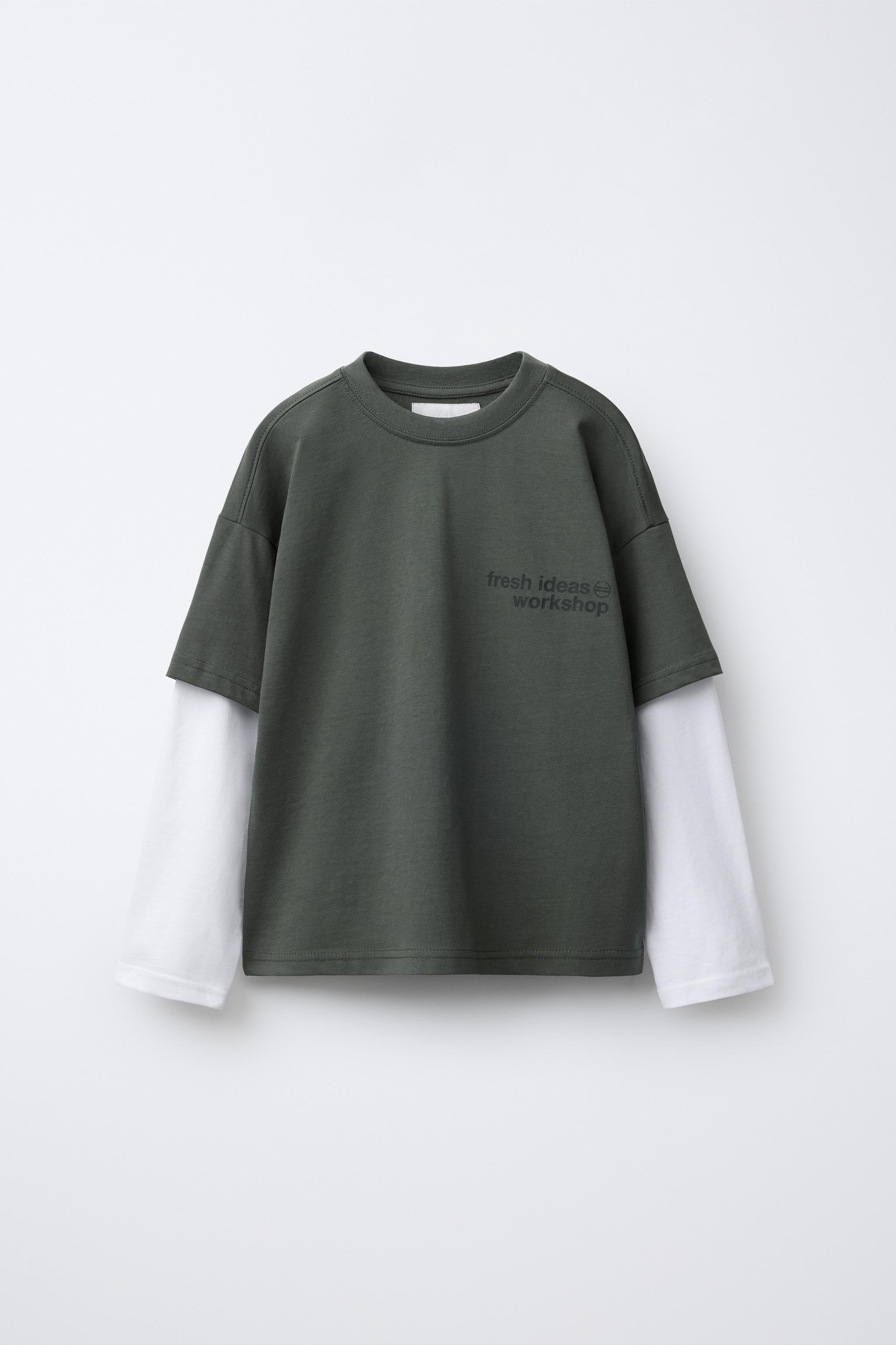 DOUBLE SLEEVE TEXT T-SHIRT - Blue / Gray | ZARA United States