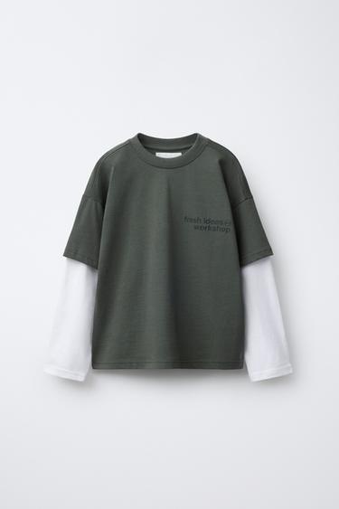 DOUBLE SLEEVE SLOGAN T-SHIRT - Khaki by Zara