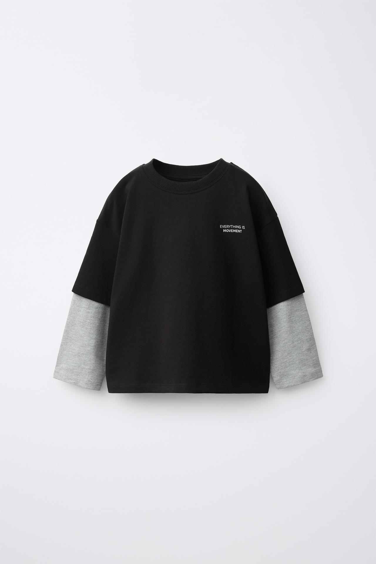 DOUBLE LONG SLEEVE TEXT T-SHIRT — Black