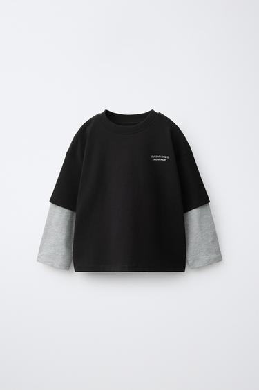 DOUBLE LONG SLEEVE TEXT T-SHIRT — Black 1