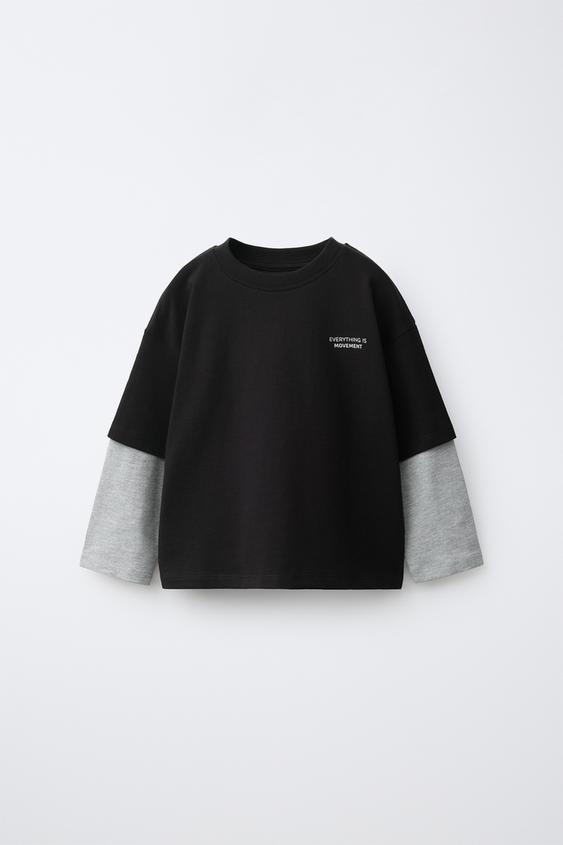 DOUBLE-SLEEVE SLOGAN T-SHIRT - Black by Zara - Image 0