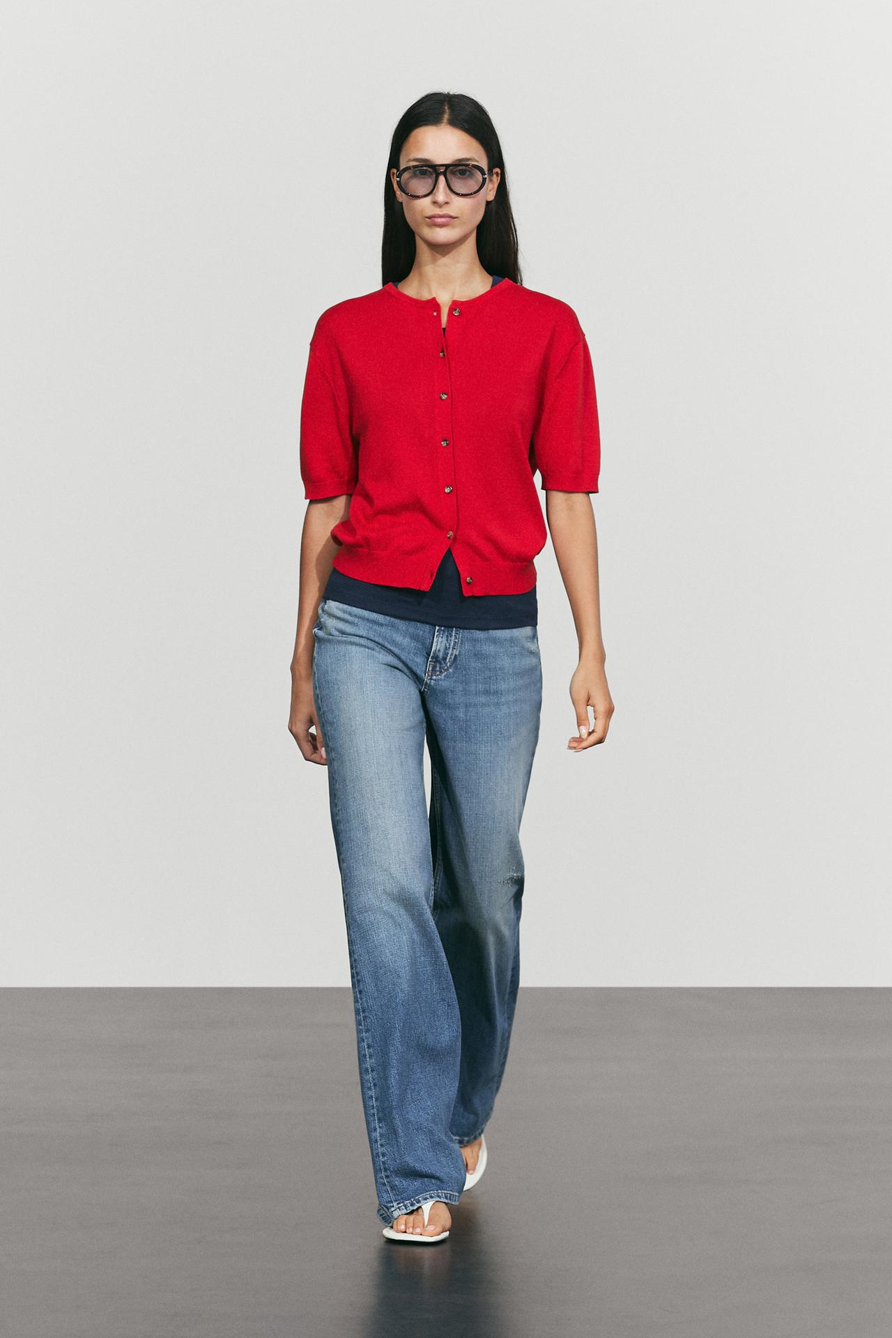 100% cotton short sleeve knit cardigan — Red