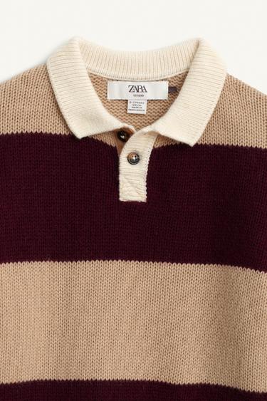 POLO EN MAILLE À RAYURES 100% LAINE ÉDITION LIMITÉE - bordeaux/écru de Zara - Image 5