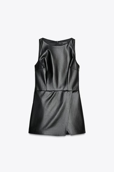 Zara FAUX LEATHER SHORT JUMPSUIT - Black