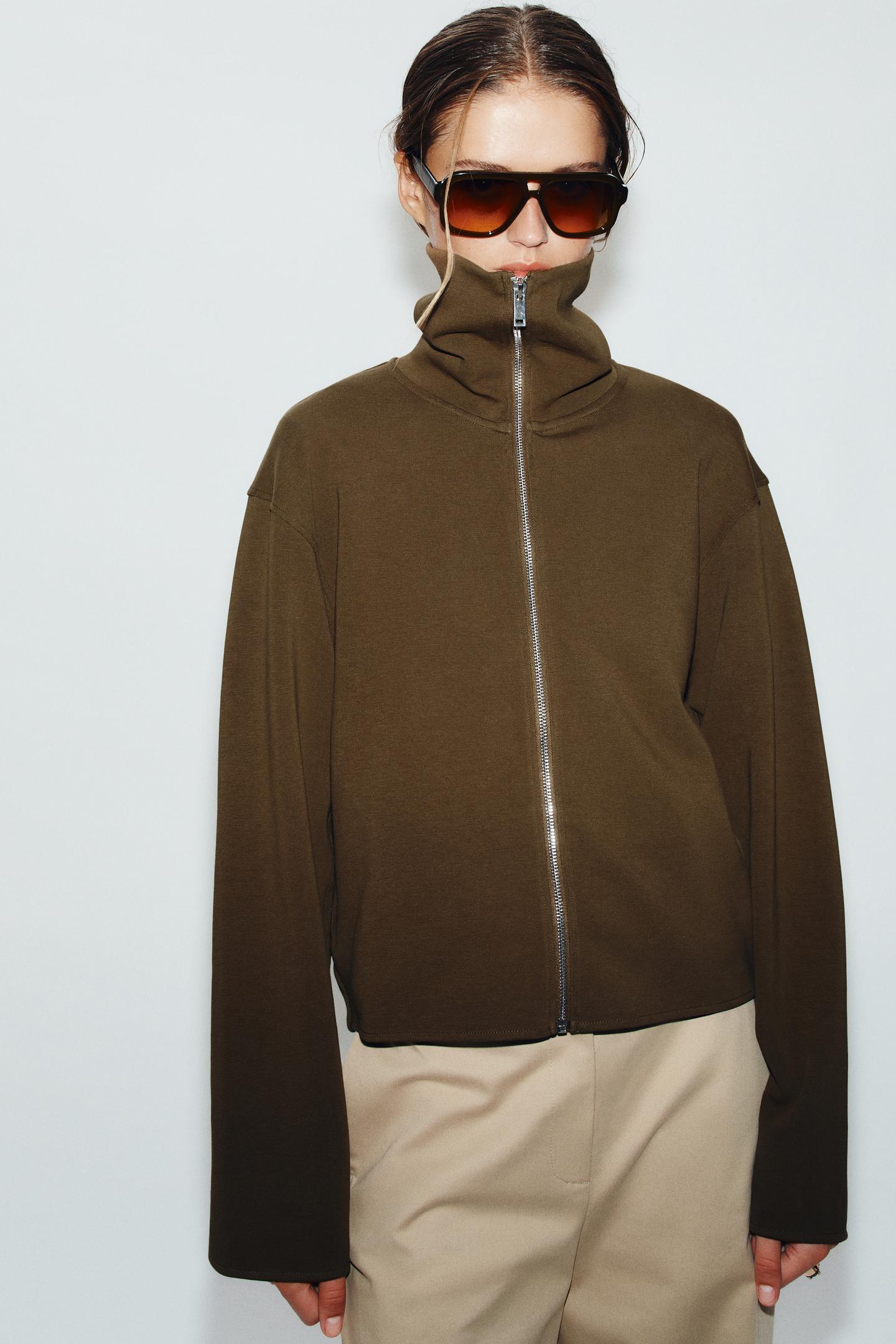 Женская толстовка Zara Interlock Zip-Up, цвет: Тёмный оливковый — фото 2
