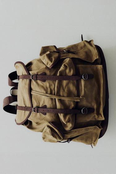 SAC À DOS COTON ET CUIR - Marron / Vert de Zara