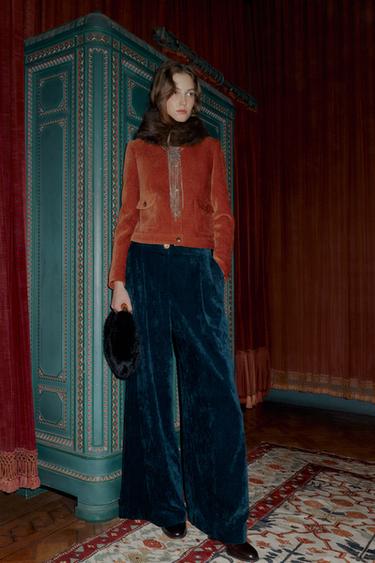 VELVET WIDE-LEG TROUSERS - Duck green by Zara