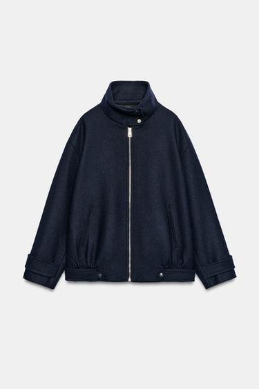 BELTED WOOL BLEND BOMBER JACKET - Navy blue by Zara - Image 0
