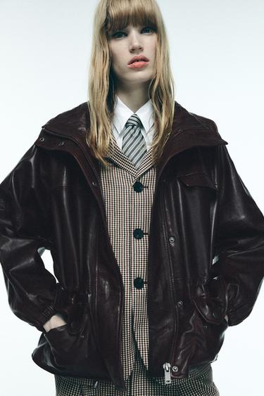 100% LEATHER JACKET ZW COLLECTION - Burgundy by Zara