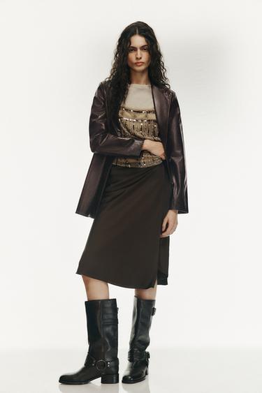 ABRIGO PIEL 100% PESPUNTES - Burgundy de Zara