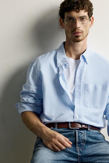 CAMISA REGULAR FIT LINO - ALGODÓN - Celeste de Zara