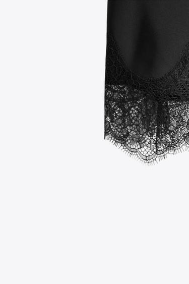 Zara SATIN EFFECT LACE MIDI SKIRT - Black