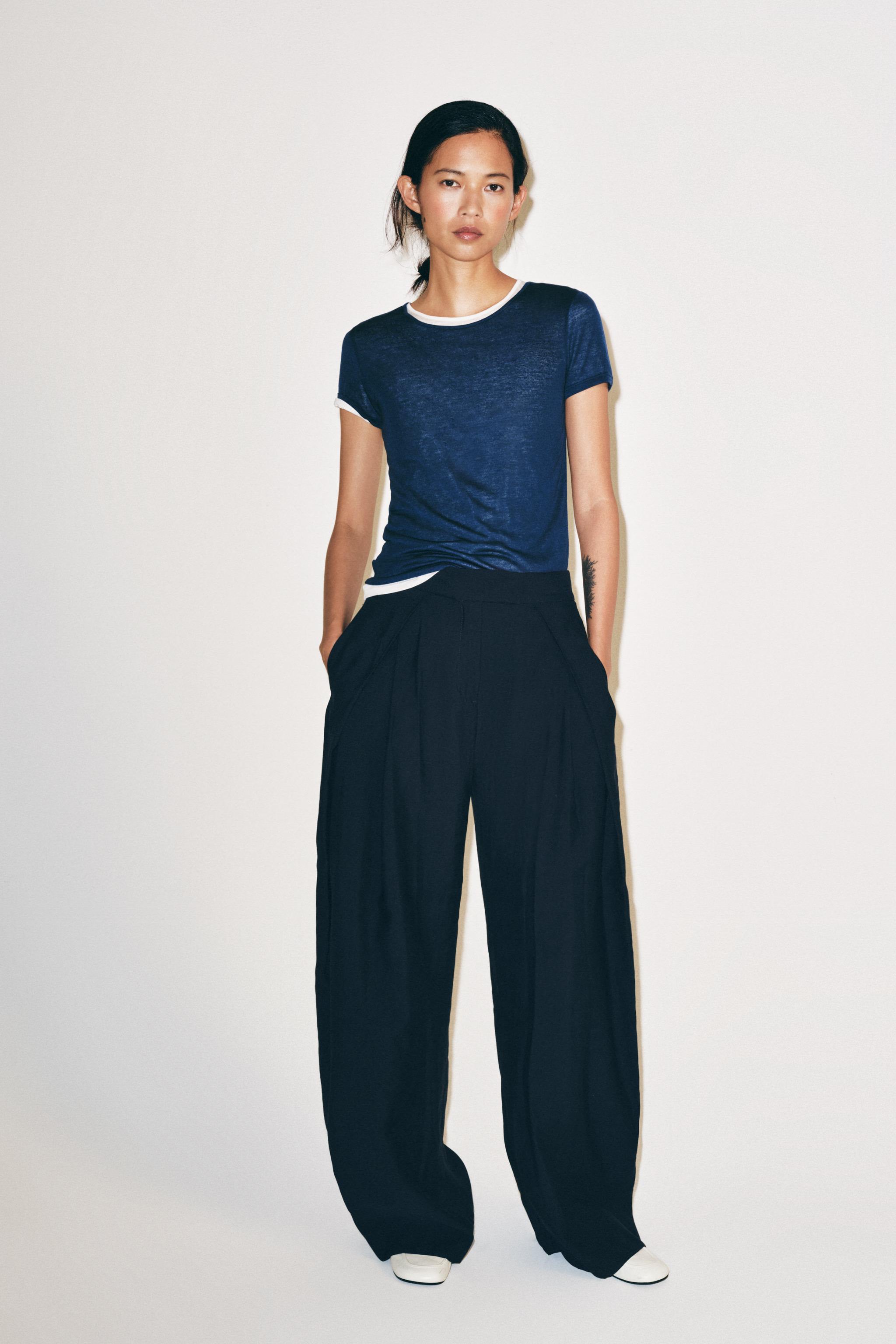 ZW COLLECTION PLEATED WIDE LEG PANTS — Navy blue