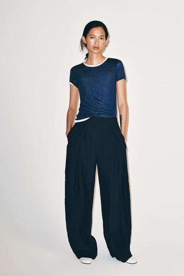 ZW COLLECTION WIDE-LEG PLEATED TROUSERS - Navy blue by Zara