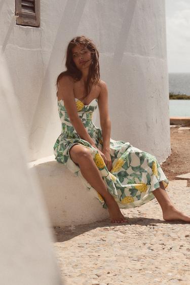 ROBE MI-LONGUE EN POPELINE STYLE CORSET À IMPRIMÉ FRUITÉ - Écru / Vert de Zara - Image 2