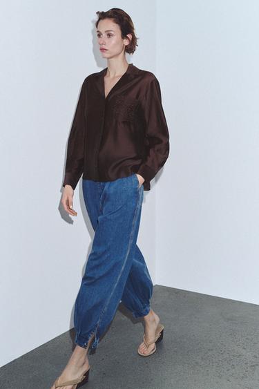 Zara EMBROIDERED POCKET SHIRT ZW COLLECTION - Brown