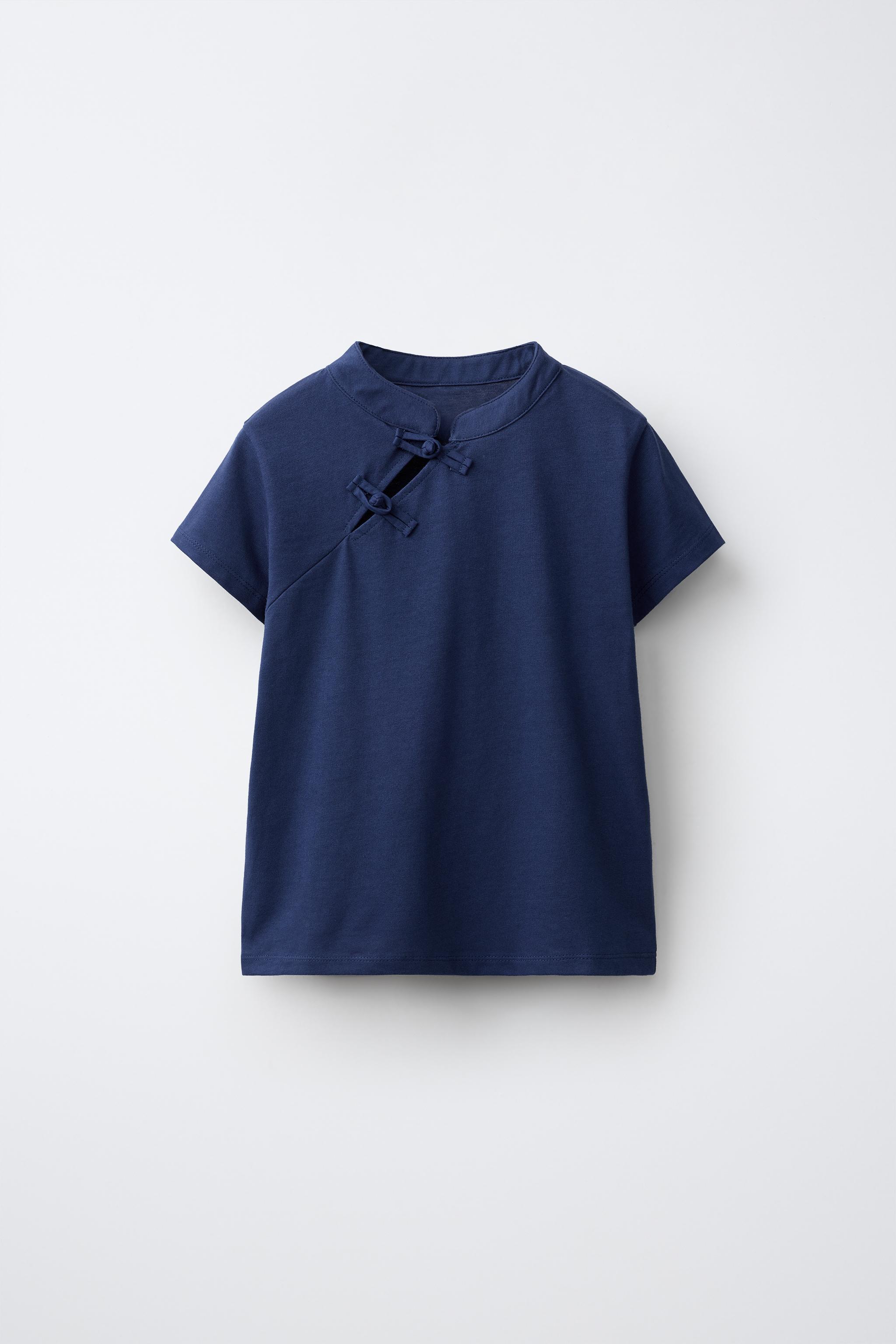 MANDARIN COLLAR T-SHIRT WITH FROG FASTENING — Navy blue