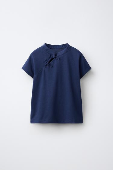 T-SHIRT COM ALAMARES E GOLA DE TIRA - Azul-marinho da Zara