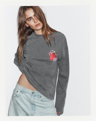 Zara WASHED FRONT PRINT T-SHIRT - Gray