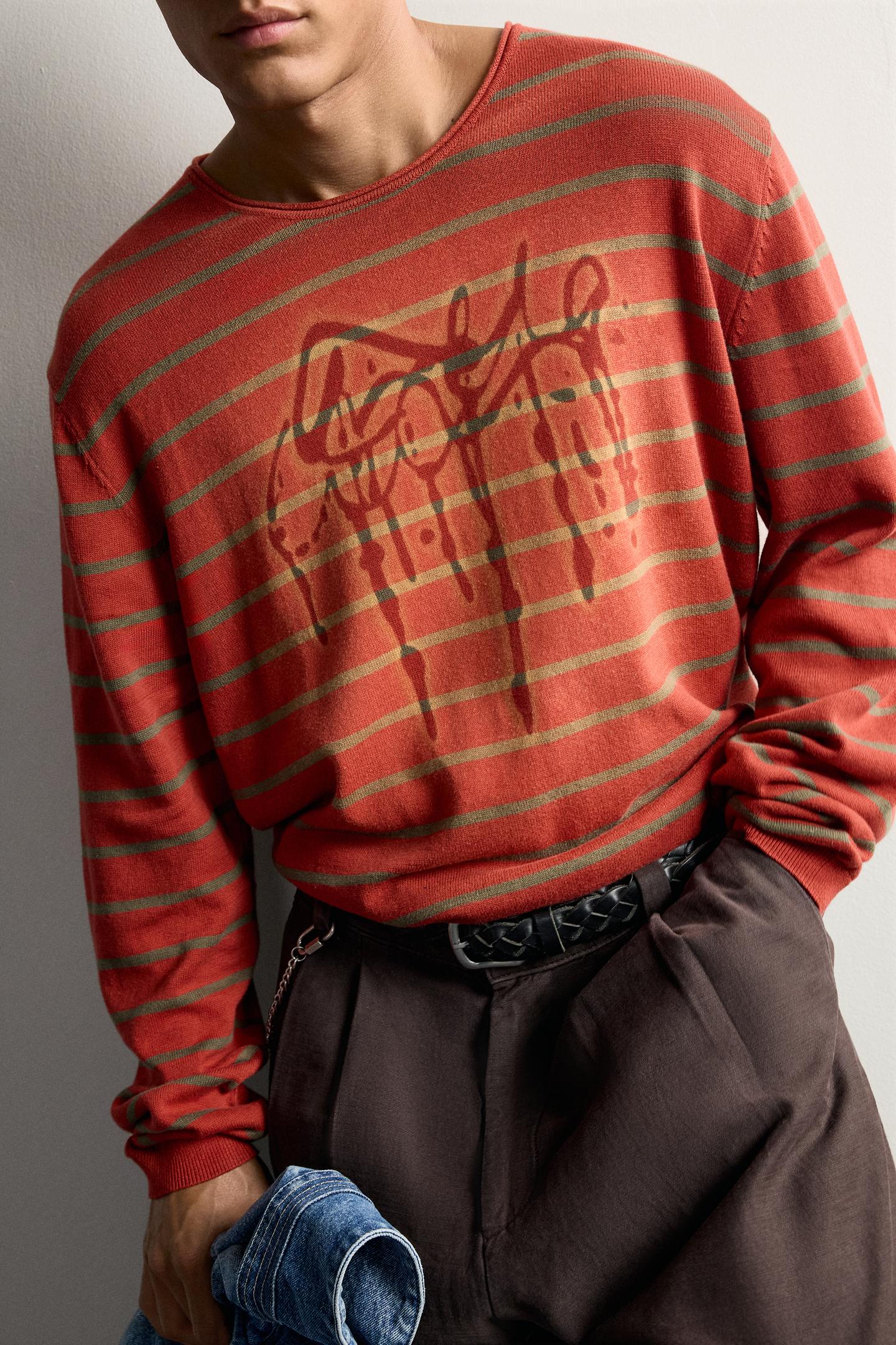Мужской свитер Zara Washed Printed Striped, цвет: Оранжевый — фото 5