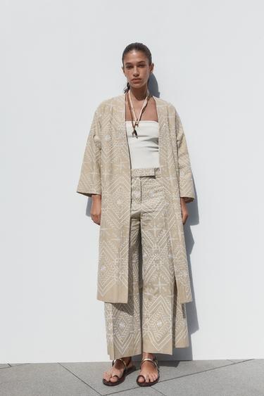 EMBROIDERED KIMONO BLAZER - Ecru / Beige by Zara - Image 0