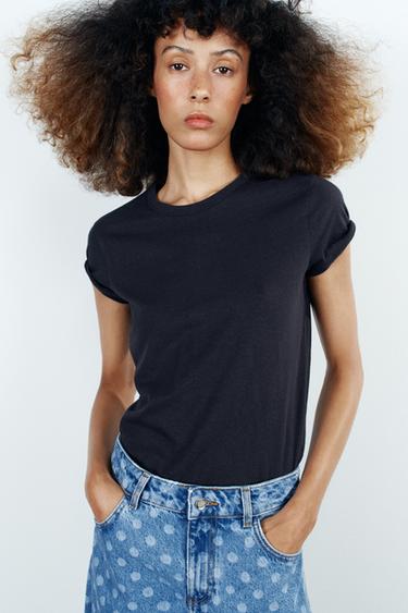 CAMISETA MANGA CORTA ALGODÓN - Marino de Zara