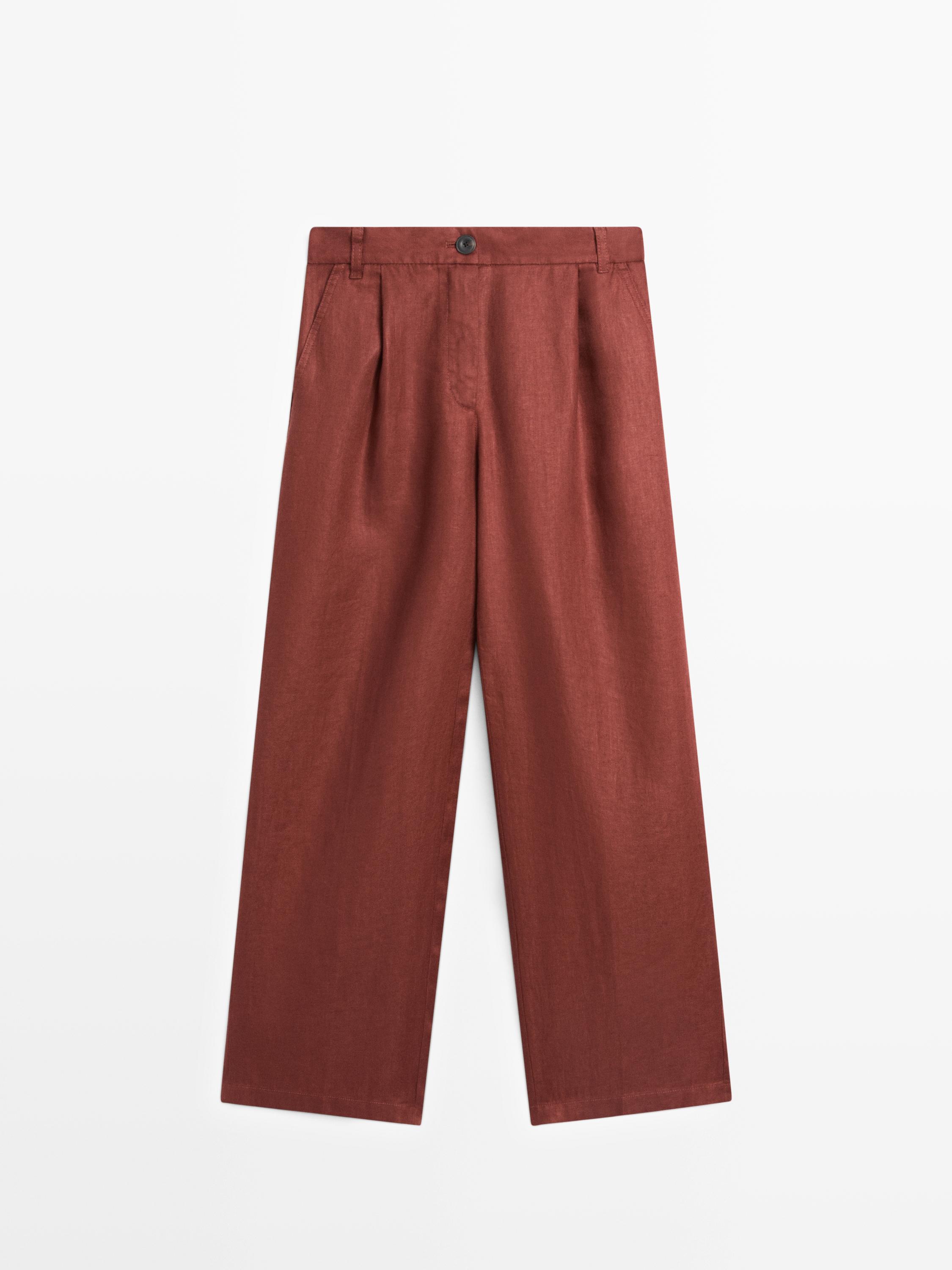100% linen wide-leg elasticated trousers — Taupe