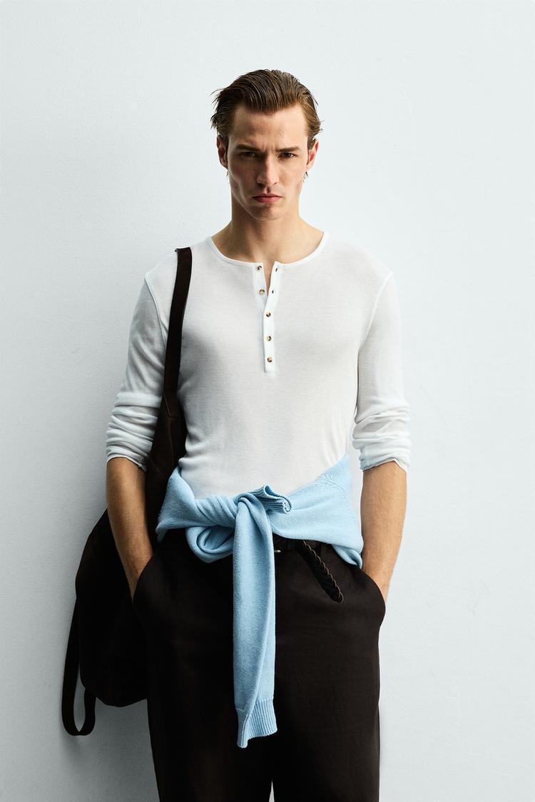 ZARA VISCOSE TEXTURED HENLEY T-SHIRT