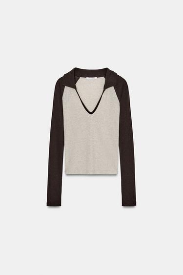 تيشرت بياقة بولو متباينة - بيج فيجوريه الخاص بـ Zara