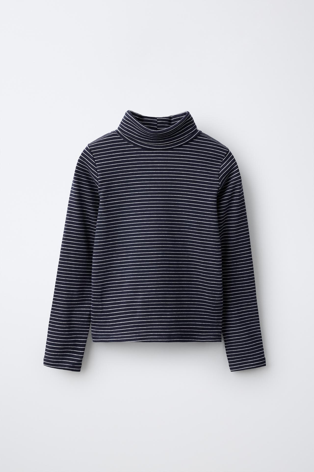 STRIPED COTTON AND MODAL TURTLENECK T-SHIRT — Navy blue