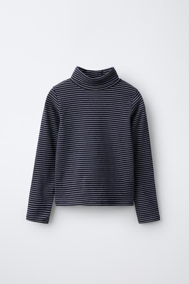 STRIPED COTTON AND MODAL TURTLENECK T-SHIRT — Navy blue 1