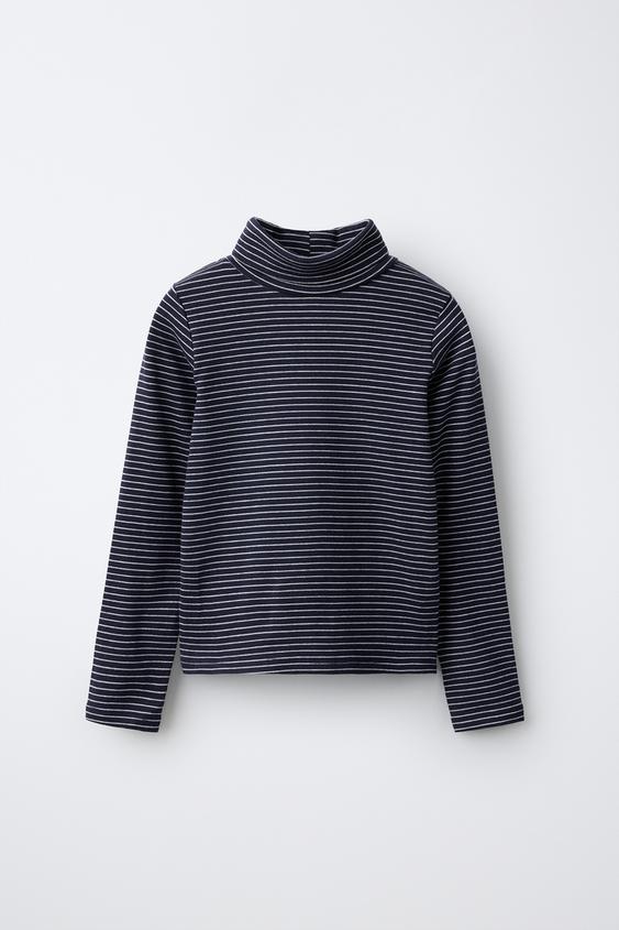 Zara STRIPED COTTON AND MODAL TURTLENECK T-SHIRT - Navy blue - Image 0