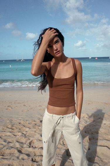 T-SHIRT COTON SANS MANCHES - Marron clair chiné de Zara - Image 1