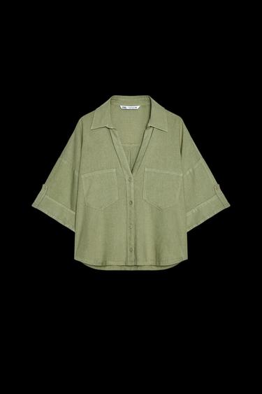 CROPPED LINEN BLEND SHIRT - Light khaki by Zara - Image 0