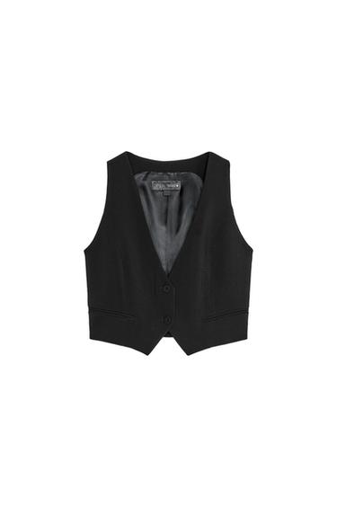 Front view of a black waistcoat with two buttons and side pockets.