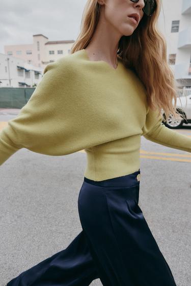 Zara V-NECK KNIT JUMPER - Light green