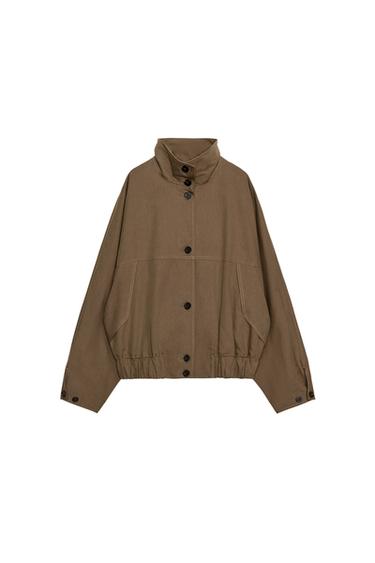 Zara HIGH COLLAR JACKET WITH ELASTIC HEM - Brown