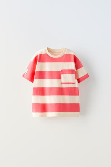 CAMISETA RAYAS ETIQUETA - Rojo de Zara