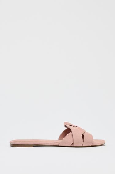 Zara CROSSOVER LEATHER FLAT SANDALS - Pink