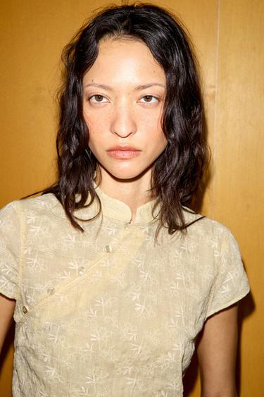 EMBROIDERED STAND COLLAR SHIRT - Light yellow by Zara