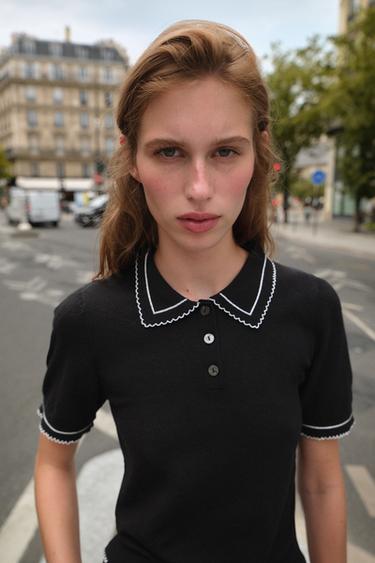 CONTRAST STITCHING KNIT POLO TOP - Black by Zara
